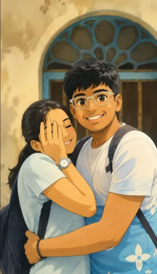Illustration of Ayush and his partner embracing in front of a blue arched doorway